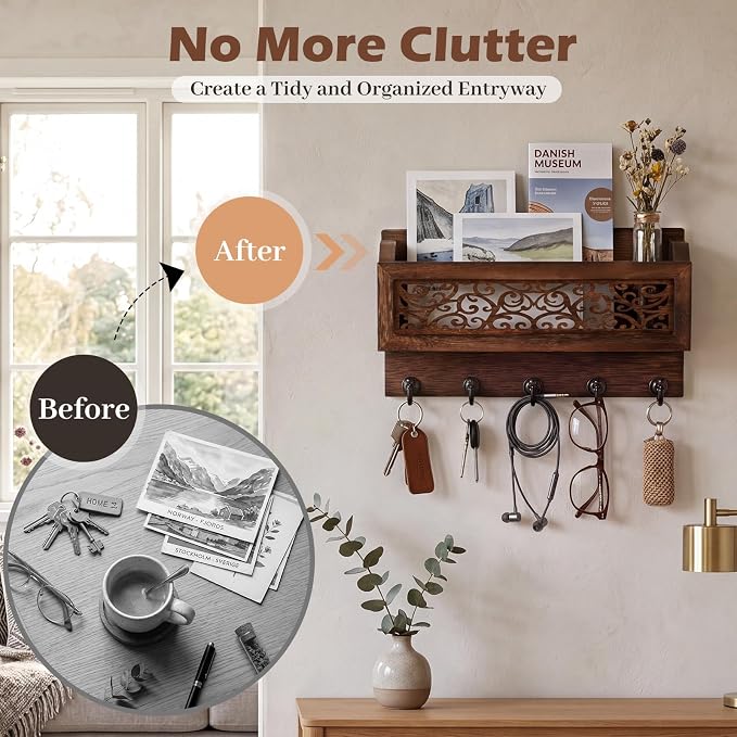 Novabright Mail and Key Holder for Wall Decorative Wall-Mounted Carved Wooden - Image 5