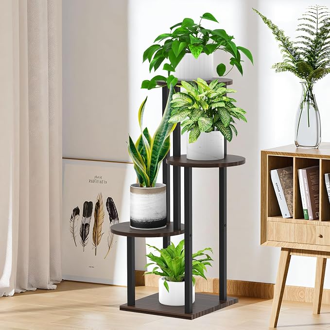 4 Tier Wood Tall Plant Stand Metal Rack Indoor, Round Planter Shelf Display - Image 5