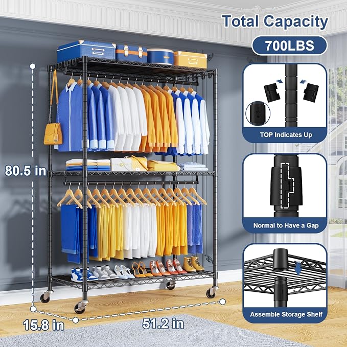 P8 Heavy Duty Clothes Rack（With Extended Width Design） Rolling Clothing Racks - Image 2
