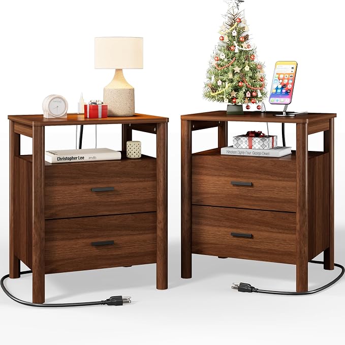Night Stand Set of 2 with Charging Station, 2 Drawers End Table with Open Shelf by FavourLife