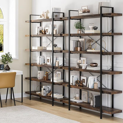 Heavy Duty 6-Tier Industrial Bookcase, 120lbs Shelf Capacity, Rustic Open - Image 9