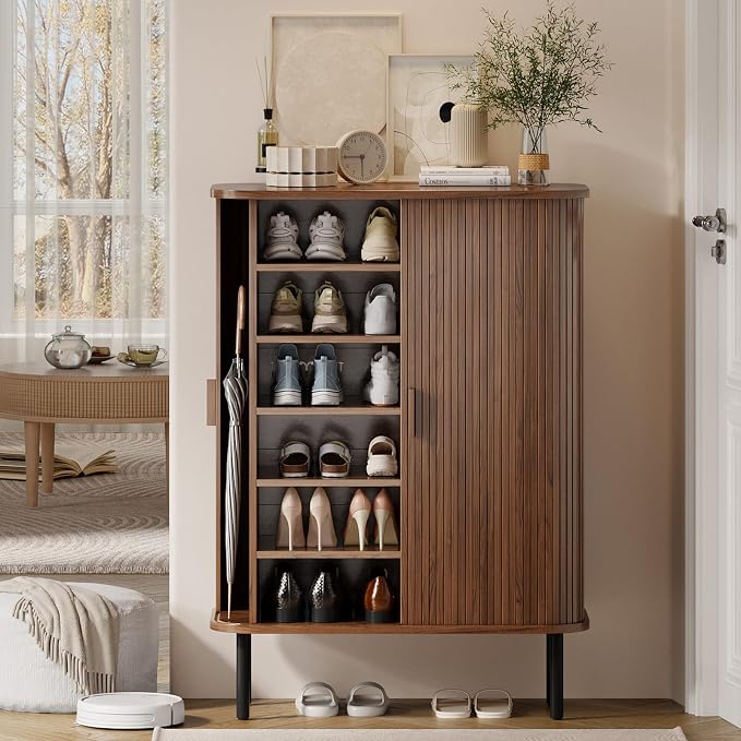 6-Tier Shoe Cabinet with Sliding Door, Wooden Shoe Storage Cabinet with - Image 8
