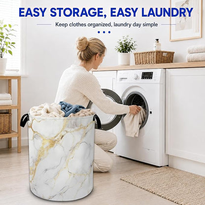 White Marble Laundry Basket Foldable Waterproof Oxford Cloth Tote Bag Laundry - Image 6