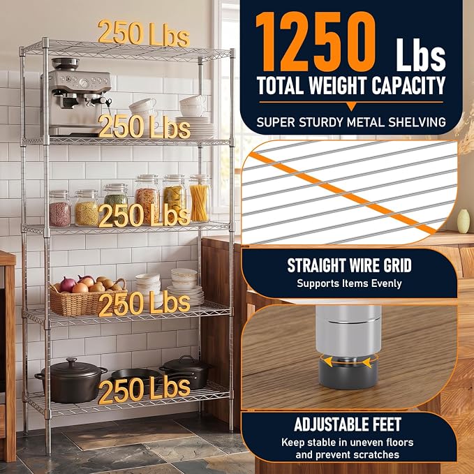 FDW | 5-Tier Wire Shelf | 36" x 14" x 72" | Chrome | Storage Shelves - Image 5