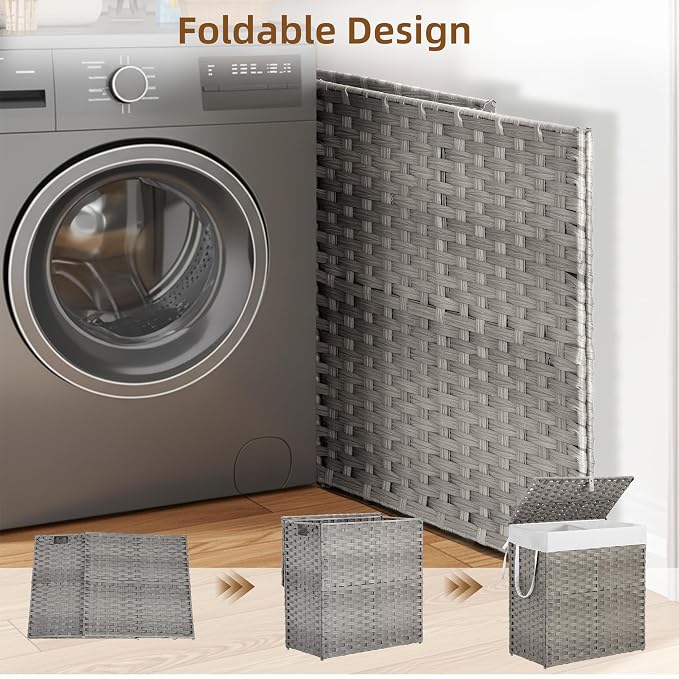 Woven Laundry Basket with Lid, Large Hamper with Removable and Machine-Washable - Image 5