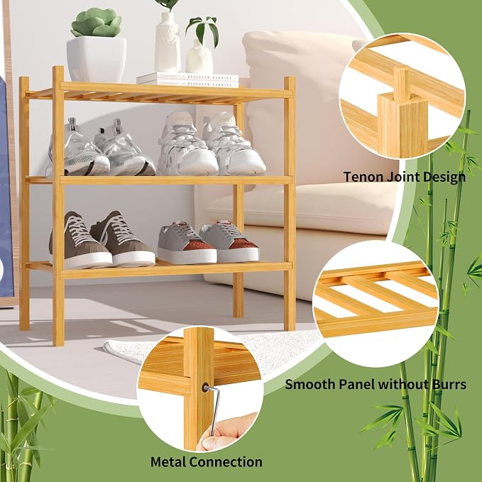 3-Tier Bamboo Small Shoe Rack, Free Standing Wood Shoe Shelf Storage Organizer - Image 5
