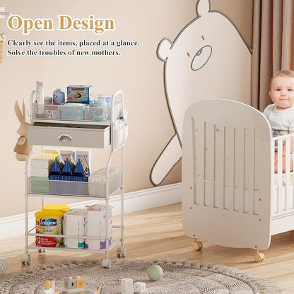 Baby Diaper Caddy Cart Organizer -3 Tier, Bedside Nursery Essentials Cart & - Image 5