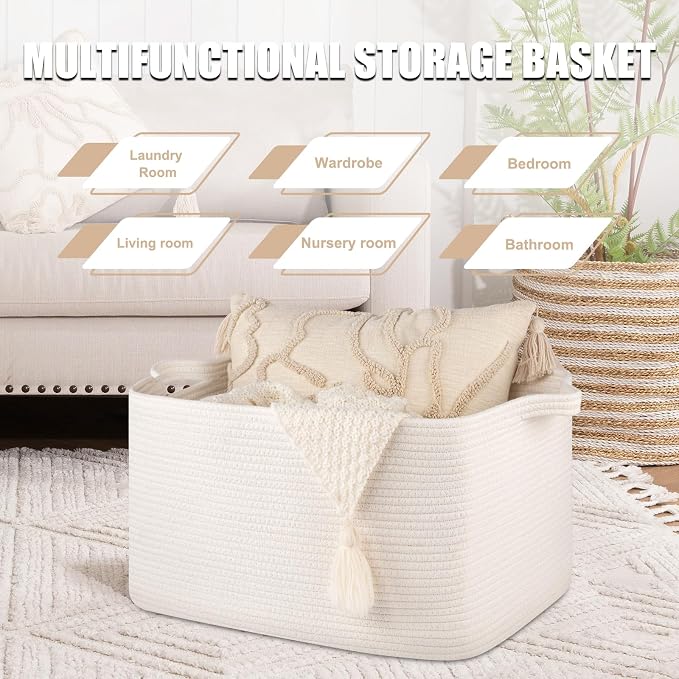65L Large Storage Basket, Cotton Rope Woven Blanket Basket, Toy Storage - Image 4