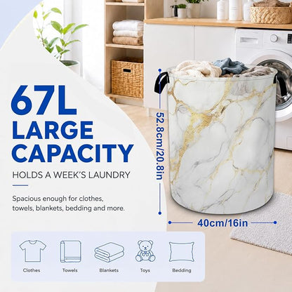 White Marble Laundry Basket Foldable Waterproof Oxford Cloth Tote Bag Laundry - Image 2