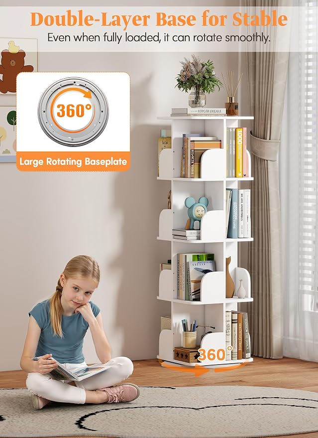 Turosur Rotating Bookshelf Tower, 4 Tier Spinning Square Bookshelf - Image 3