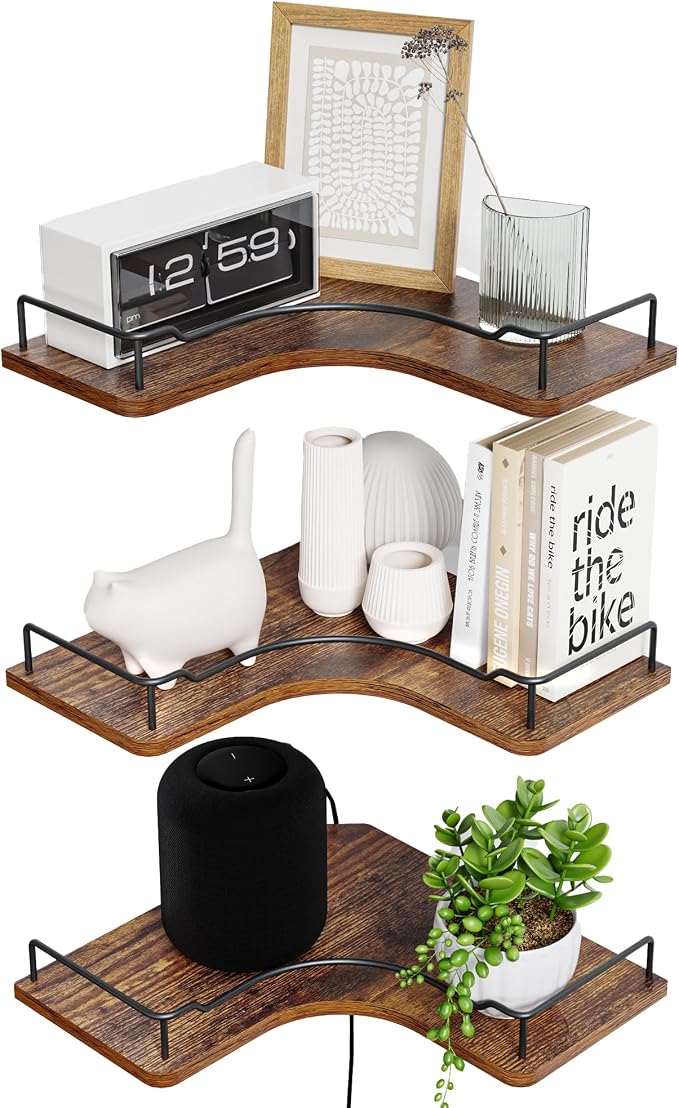 L-Shaped Corner Floating Shelves Set of 3, Rustic Wood Wall Mounted Storage by FNBAR