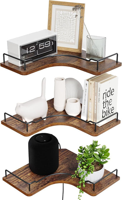 L-Shaped Corner Floating Shelves Set of 3, Rustic Wood Wall Mounted Storage by FNBAR