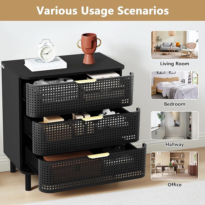 ORRD 3 Drawer Dresser Set of 2, Modern Iron Rattan Cabinet Dresser - Image 5