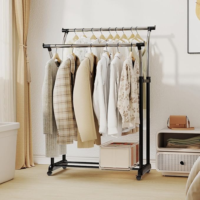 COSTWAY Double Rod Clothing Rack, Rolling Garment Rack by COSTWAY