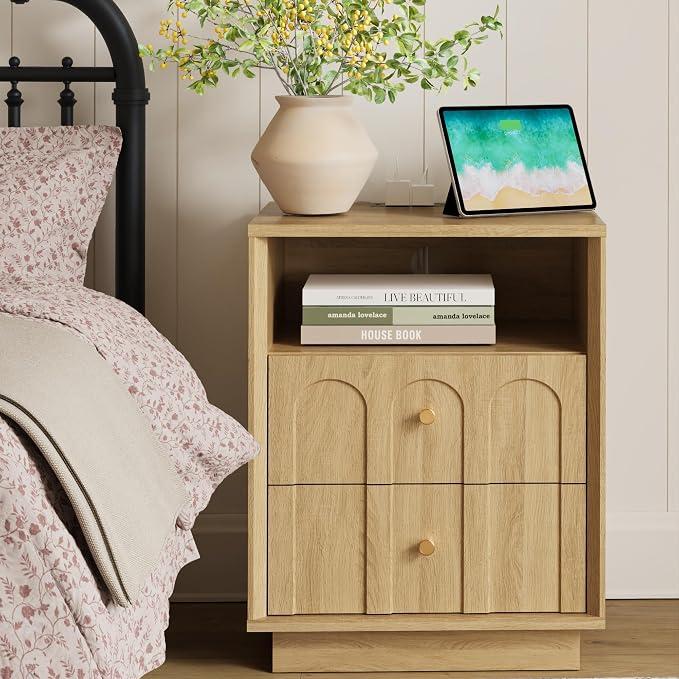 Nightstand with Charging Station, Mid Century Modern Nightstand with Arched - Image 8