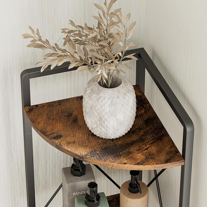 5 Tier Corner Shelf Stand, Rustic Brown | Industrial Metal Corner Shelf - Image 6