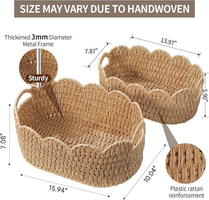 Paper Rope Scalloped Basket Set of 2, Woven Storage Baskets - Image 4