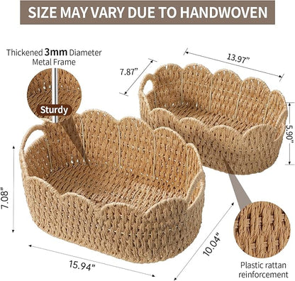 Paper Rope Scalloped Basket Set of 2, Woven Storage Baskets - Image 4