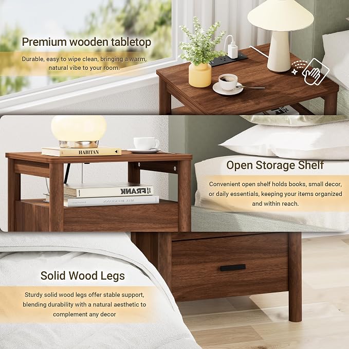 Night Stand with Charging Station, 2 Drawers Nightstand with Open Shelf - Image 3