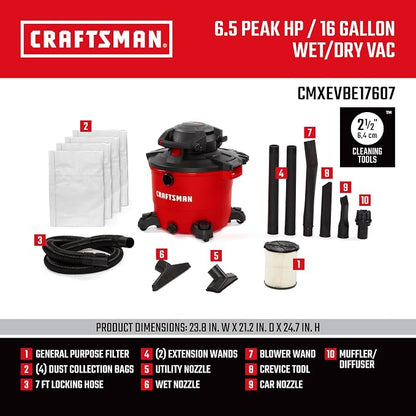 Craftsman CMXEVBE17607 16 Gallon 6.5 Peak HP Wet/Dry Vac - Image 3