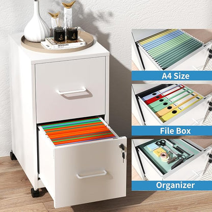 2 Drawer File Cabinet with Lock, Mobile File Cabinets with Wheels, Metal Office - Image 4