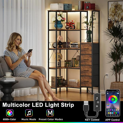 AFLUI Corner Bookshelf with LED Light Strips & 4 Fabric Drawers, 5-Tier - Image 3
