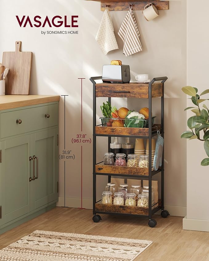 VASAGLE Storage Cart, 4-Tier Rolling Utility Cart - Image 2