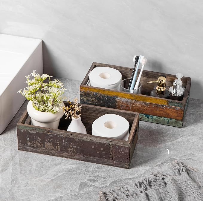 TIMRIS Farmhouse Distressed Wooden Storage Box, Rustic Bathroom Decor Box - Image 7