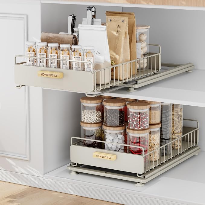 Under Sink Organizer, 2 Pack Pull Out Kitchen Cabinet Organizer, Mute Slide-Out by HOMEBOSILY