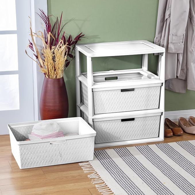 2 Pack Wide 3 Drawer Plastic Storage Tower White Stackable Organizer | - Image 4