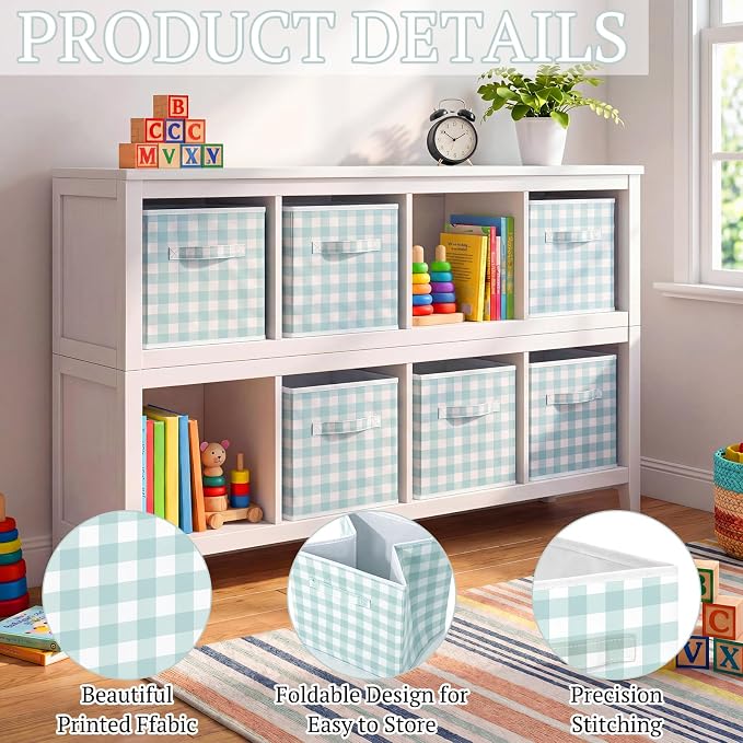 Yalikop 6 Pcs Green Gingham Cube Storage Bins, 11 Inch Fabric Checkered - Image 6