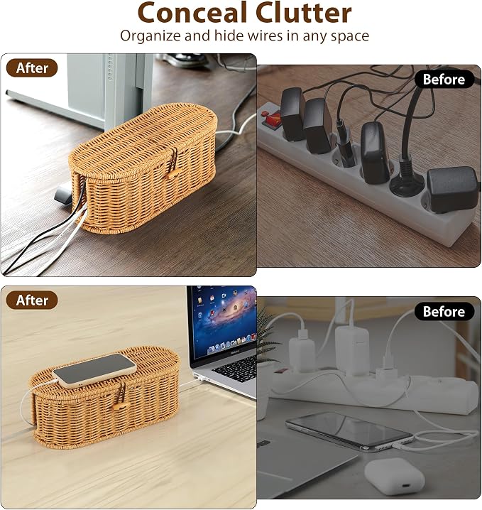 Cable Management Box, Handwoven Faux Rattan Cord Organizer Box - Image 4