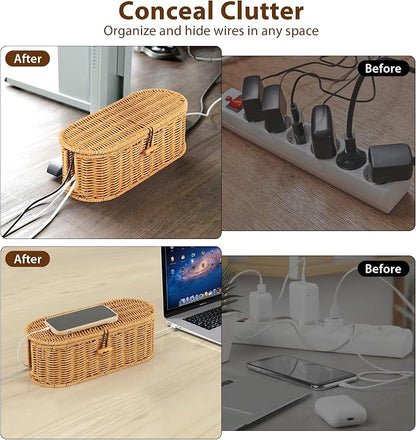Cable Management Box, Handwoven Faux Rattan Cord Organizer Box - Image 4