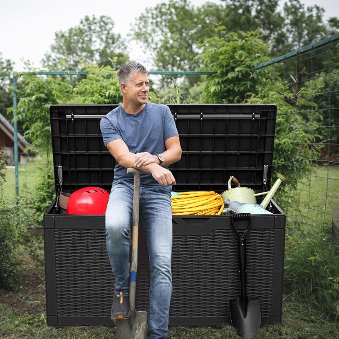 Greesum 100 Gallon Resin Deck Box Large Outdoor Storage, Imitation Rattan Weave - Image 2