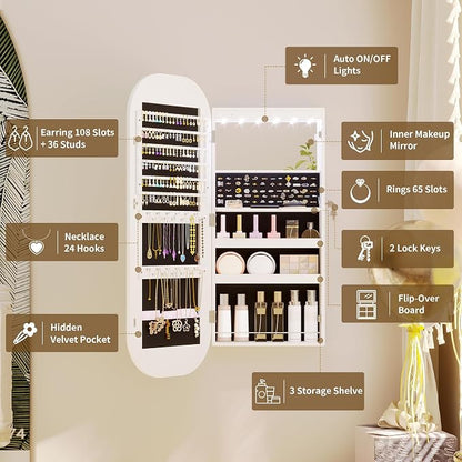LVSOMT LED Mirror Jewelry Cabinet, Wall/Door Mount Jewelry Mirror Organizer - Image 5