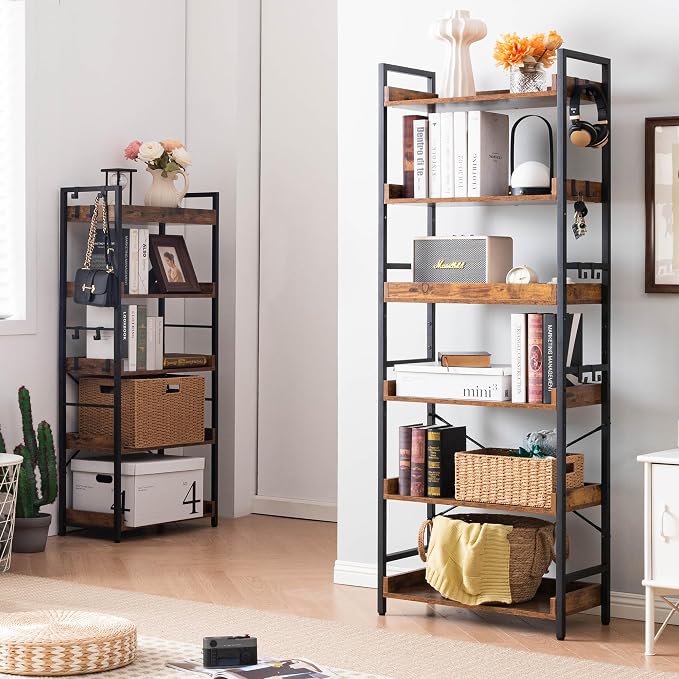HCHQHS Adjustable 6 Tier Open Bookcase, Rustic Farmhouse Book Shelves, - Image 2