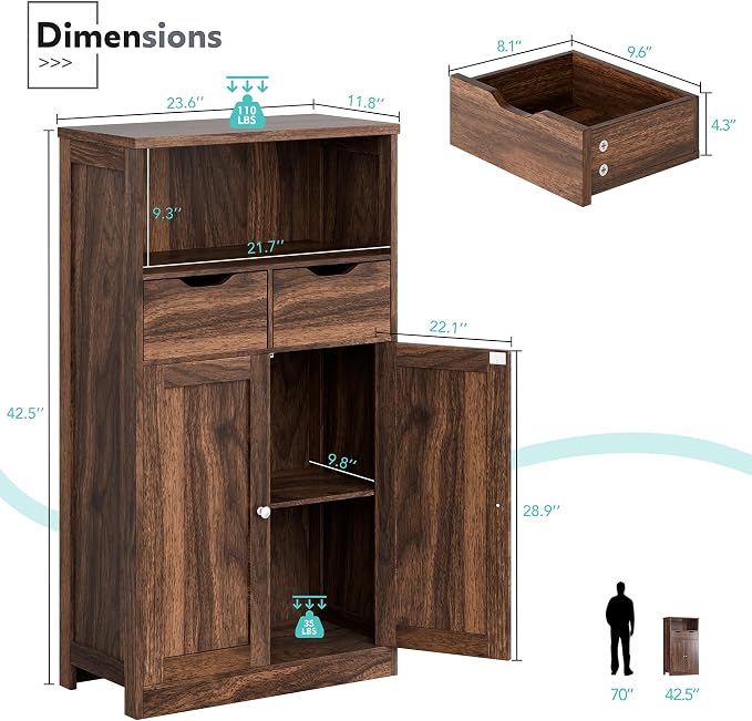 Vongrasig Bathroom Storage Cabinet, 42.5" H Freestanding Floor Cabinet | Wooden - Image 3