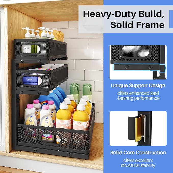 Under Sink Organizer, Height Adjustable Slide out Storage Drawer Rack - Image 5