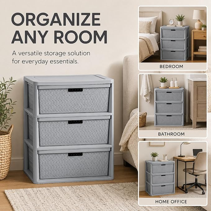 Wide 3-Drawer Plastic Storage Tower, Decorative Organizer Chest, BPA-free - Image 9