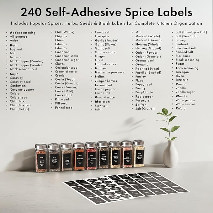 Glass Spice Jars with Labels and Steel Lids Spice Containers with 240 Label - Image 5