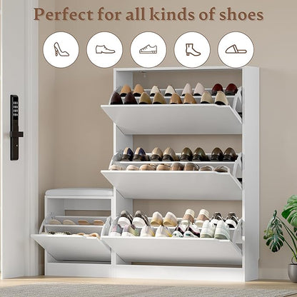 BORNOON Shoe Cabinet with Bench and 3 Flip Drawers, Slim Narrow Shoe Storage - Image 4