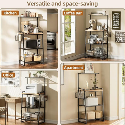 Bakers Rack with Foldable Basket, Large 4 Tiers Coffee Bar Station, Kitchen - Image 9