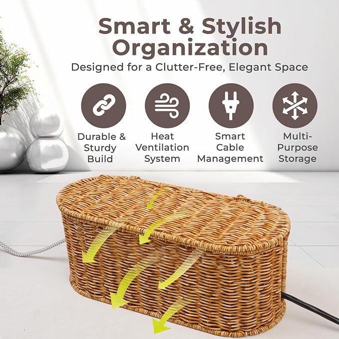 Cable Management Box, Handmade Rattan Cable Organizer, 2 Open Slots Cords Hider - Image 4