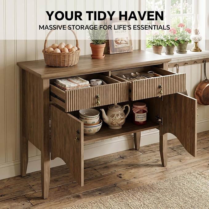 FUSUNBAO 40" Fluted Buffet Storage Cabinet, Sideboard Credenza, Light Oak | - Image 3