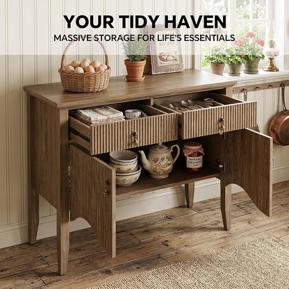 FUSUNBAO 40" Fluted Buffet Storage Cabinet, Sideboard Credenza, Light Oak | - Image 3