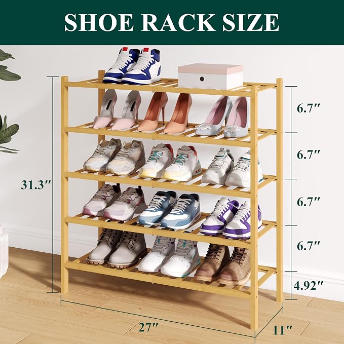 Smiry Bamboo Shoe Rack for Closet, 5 Tier Wooden Stackable Shoe Organizer - Image 2