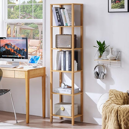 YUFAM 6 Tier Tall Skinny Bookshelf, Narrow Bookcase, Wooden Shelf, Natural | by YUFAM