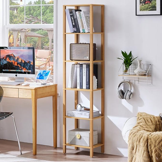YUFAM 6 Tier Tall Skinny Bookshelf, Narrow Bookcase, Wooden Shelf, Natural | by YUFAM