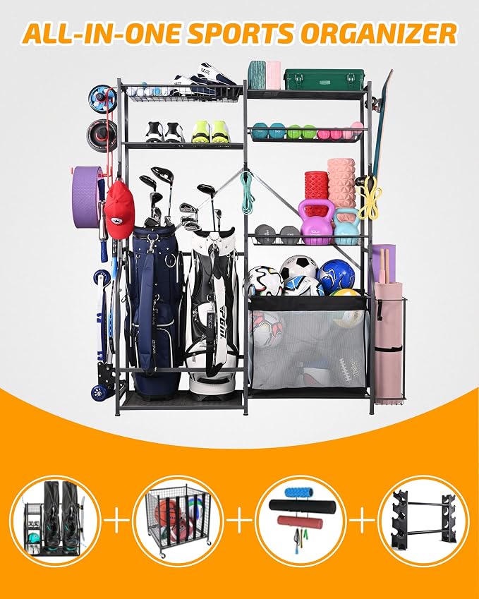 PLKOW Golf Storage Ball Rack Garage Organizer, 2 Golf Bag Organizer and Other - Image 2