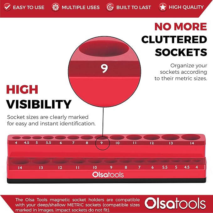 Olsa Tools Magnetic Socket Holder | 1/4-inch Drive | Metric | Red | Holds 26 - Image 2